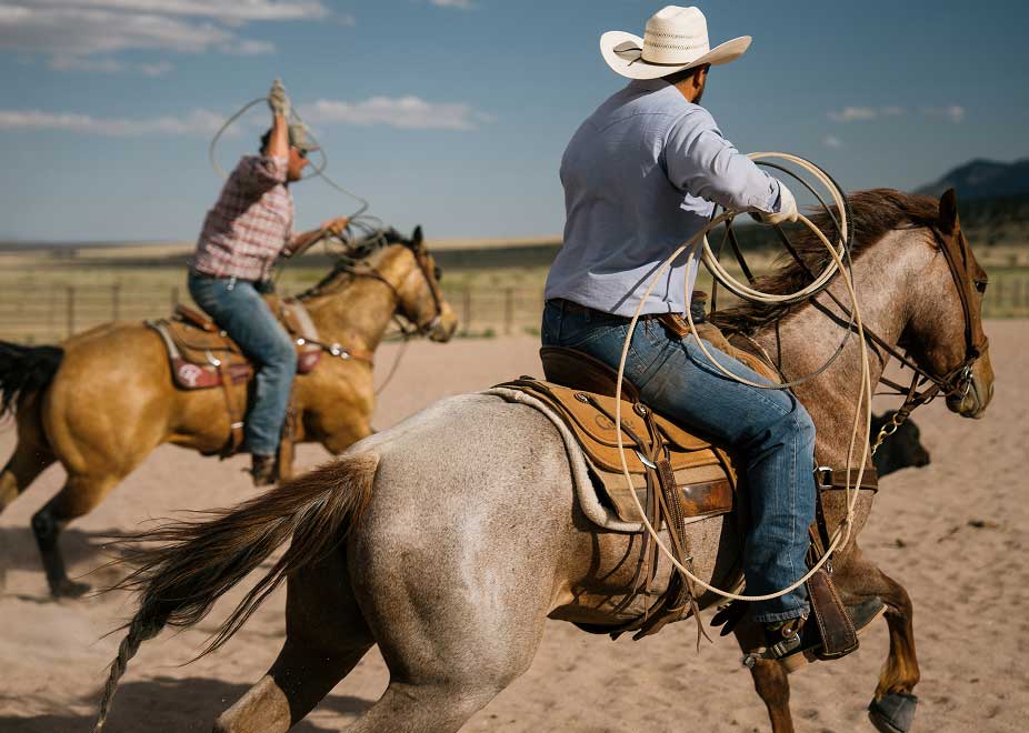 Two cowboys on horseback wearing Hyer boots